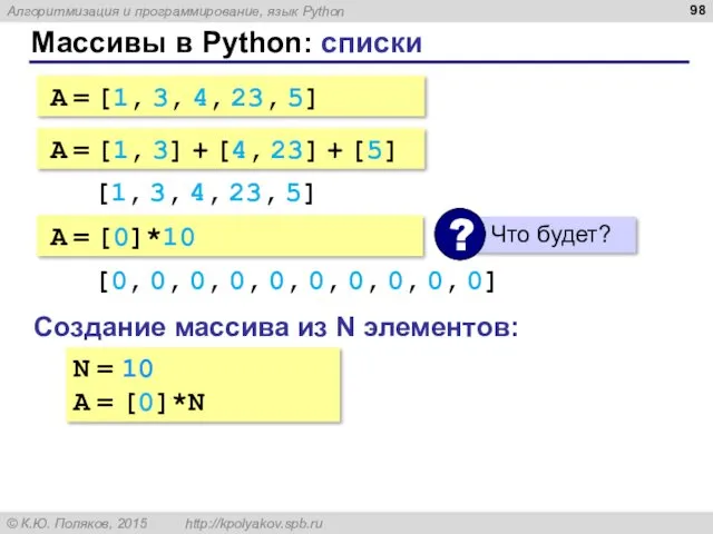 Массивы в Python: списки A = [1, 3, 4, 23, 5] A =
