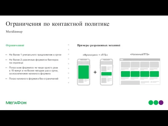 Ограничения по контактной политике МегаБаннер Примеры разрешенных механик: Ограничения: Не