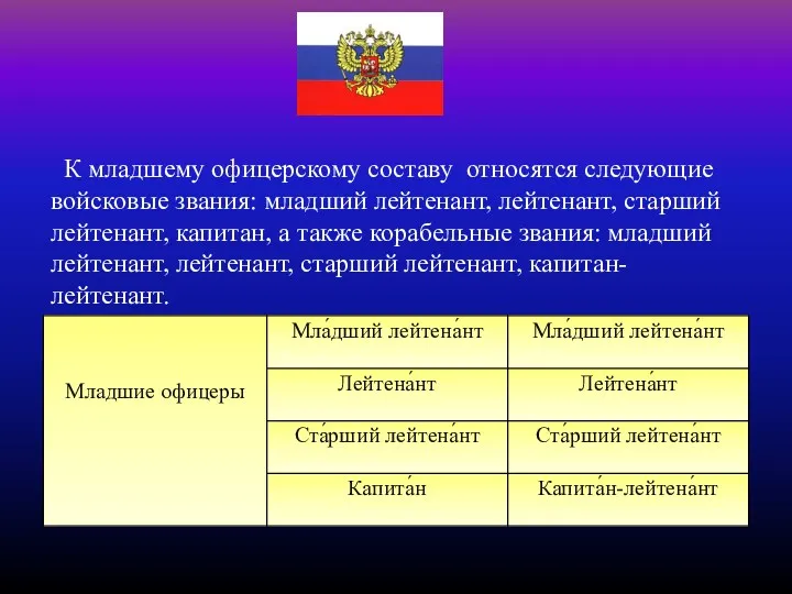 К младшему офицерскому составу относятся следующие войсковые звания: младший лейтенант,