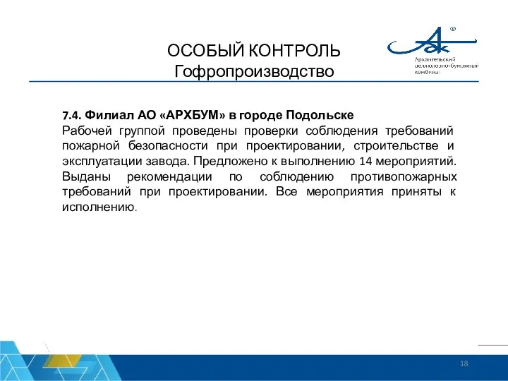 ОСОБЫЙ КОНТРОЛЬ Гофропроизводство 7.4. Филиал АО «АРХБУМ» в городе Подольске