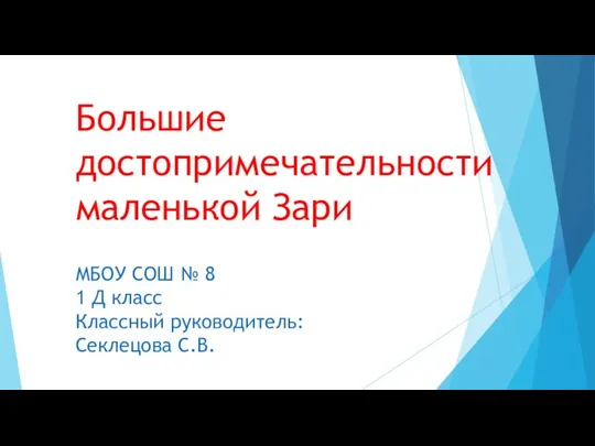 Большие достопримечательности маленькой Зари МБОУ СОШ № 8 1 Д класс Классный руководитель: Секлецова С.В.