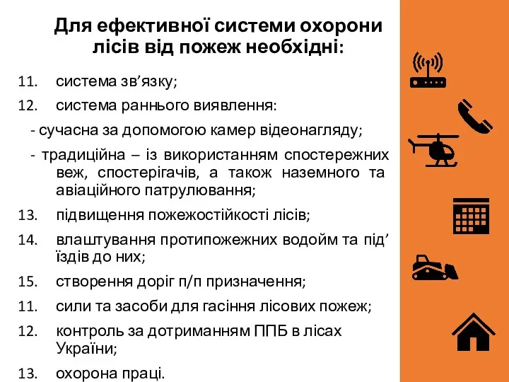 Для ефективної системи охорони лісів від пожеж необхідні: система зв’язку;