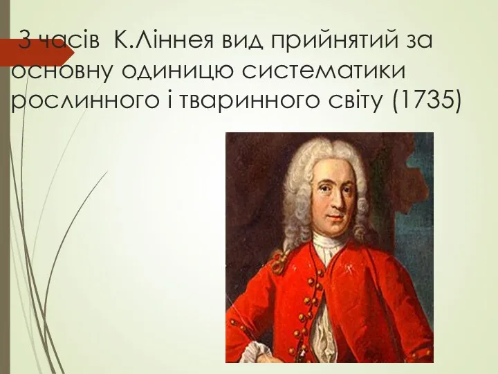 З часів К.Ліннея вид прийнятий за основну одиницю систематики рослинного і тваринного світу (1735)