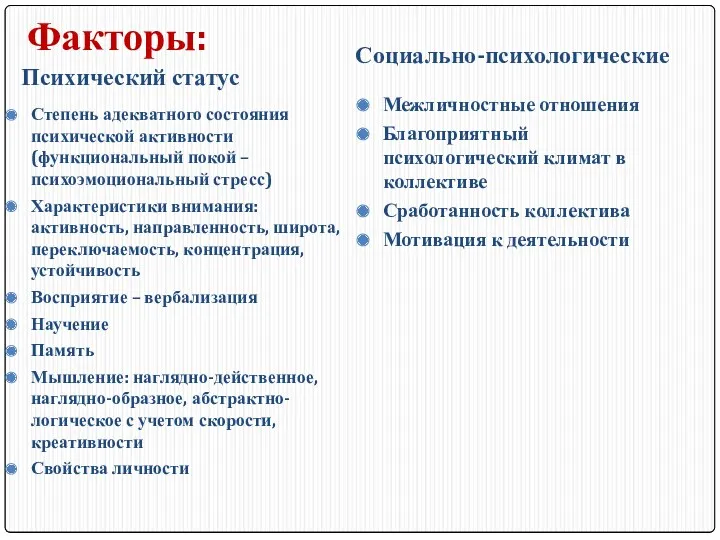 Факторы: Психический статус Степень адекватного состояния психической активности (функциональный покой