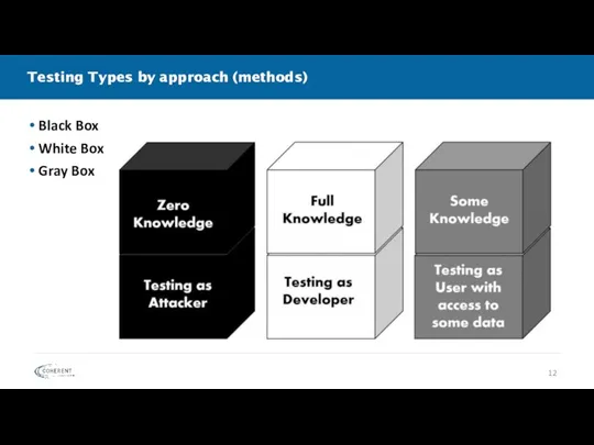 Testing Types by approach (methods) Black Box White Box Gray Box