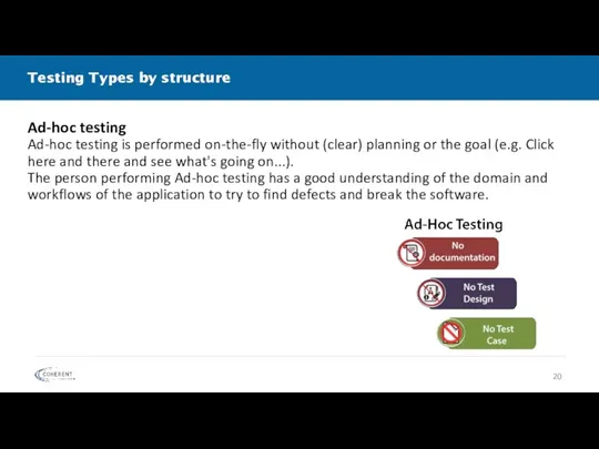 Testing Types by structure Ad-hoc testing Ad-hoc testing is performed