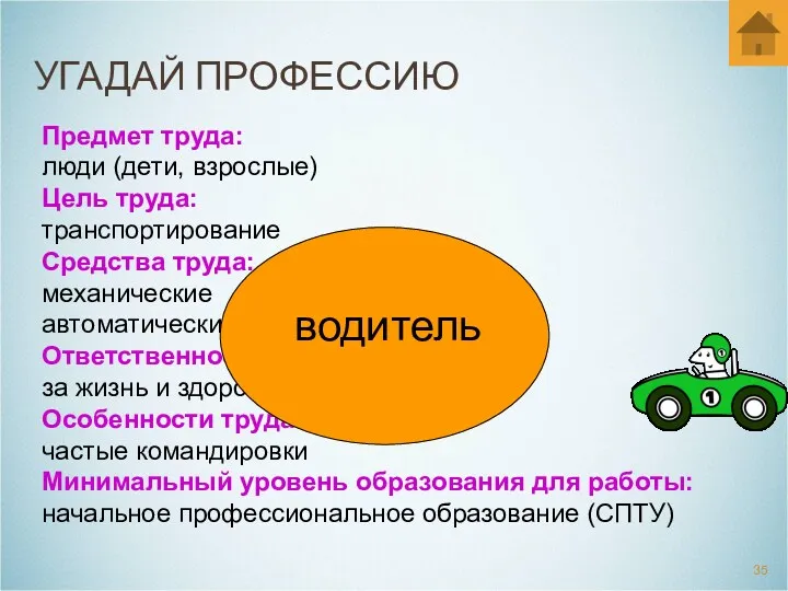 УГАДАЙ ПРОФЕССИЮ Предмет труда: люди (дети, взрослые) Цель труда: транспортирование