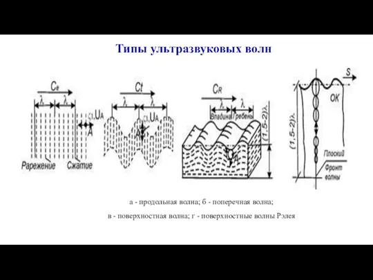 а - продольная волна; б - поперечная волна; в -