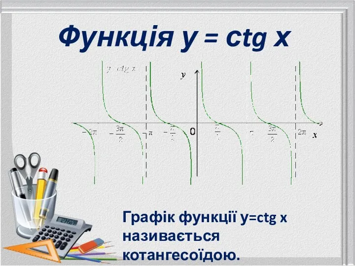 Функція у = сtg х Графік функції у=ctg x називається котангесоїдою.