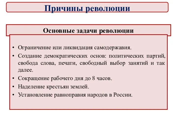 Основные задачи революции Ограничение или ликвидация самодержавия. Создание демократических основ: