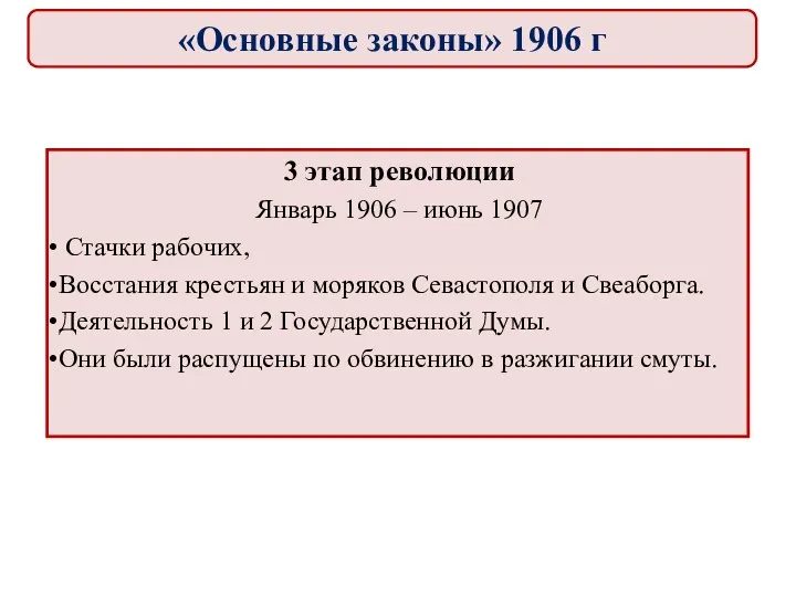 3 этап революции Январь 1906 – июнь 1907 Стачки рабочих,