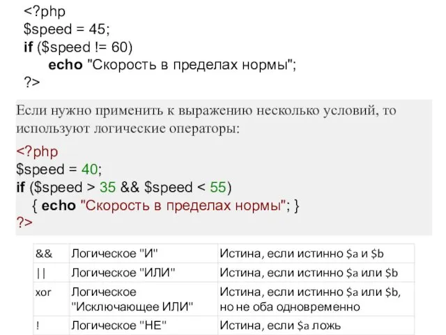 $speed = 45; if ($speed != 60) echo "Скорость в