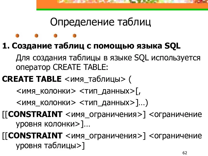 Определение таблиц 1. Создание таблиц с помощью языка SQL Для