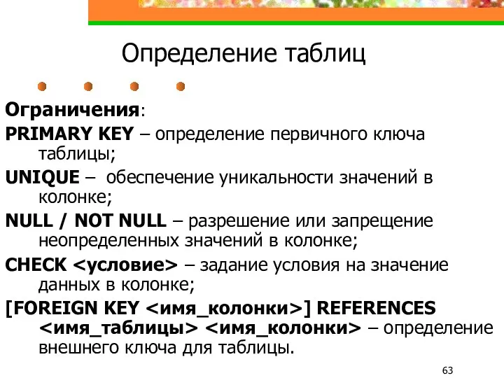 Определение таблиц Ограничения: PRIMARY KEY – определение первичного ключа таблицы;