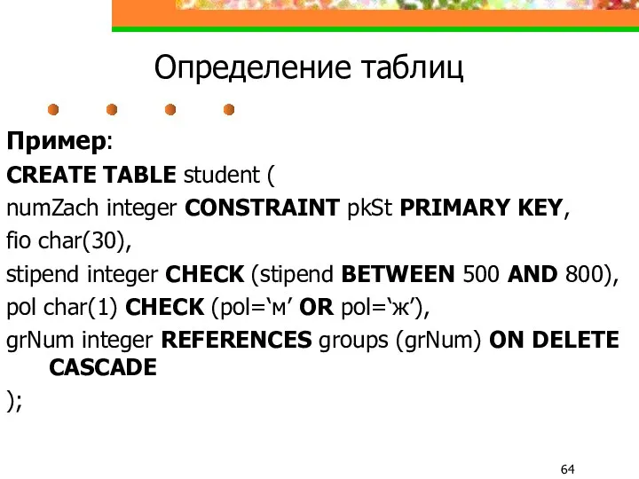 Определение таблиц Пример: CREATE TABLE student ( numZach integer CONSTRAINT