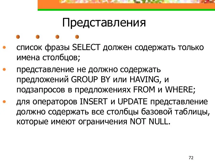 Представления список фразы SELECT должен содержать только имена столбцов; представление