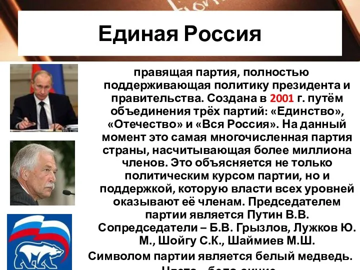 Единая Россия правящая партия, полностью поддерживающая политику президента и правительства.