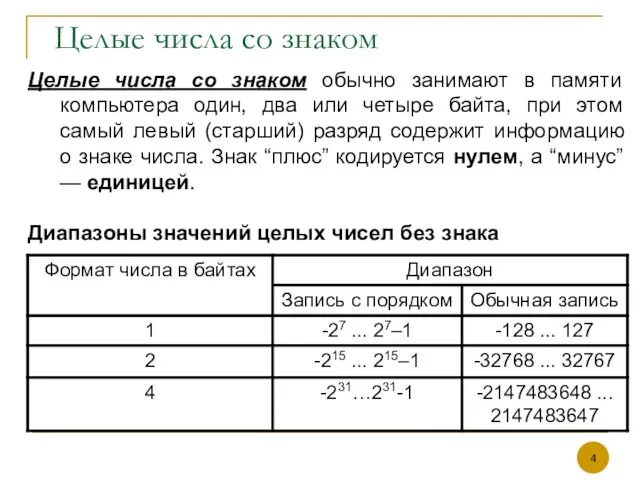 Целые числа со знаком Целые числа со знаком обычно занимают