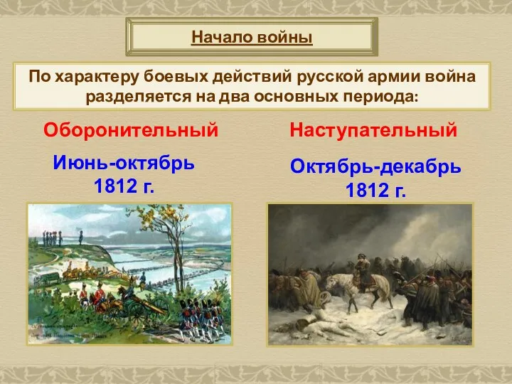 Начало войны По характеру боевых действий русской армии война разделяется на два основных периода: