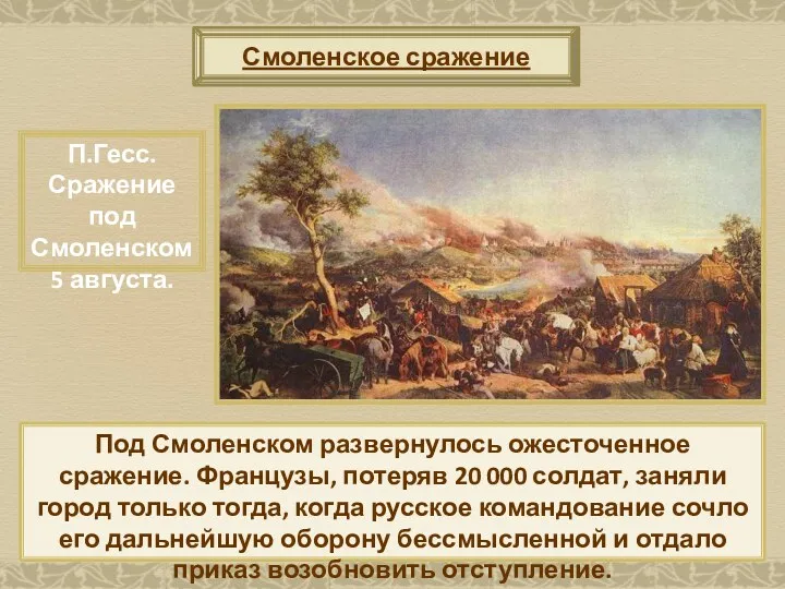 Смоленское сражение Под Смоленском развернулось ожесточенное сражение. Французы, потеряв 20 000 солдат, заняли