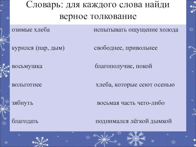 Словарь: для каждого слова найди верное толкование озимые хлеба испытывать