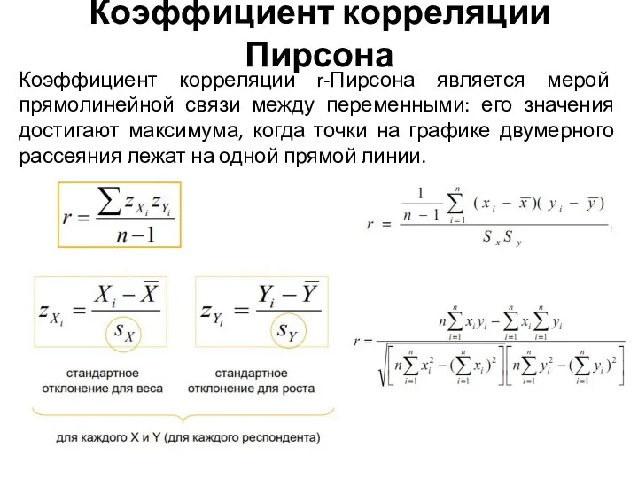 Коэффициент корреляции Пирсона Коэффициент корреляции r-Пирсона является мерой прямолинейной связи