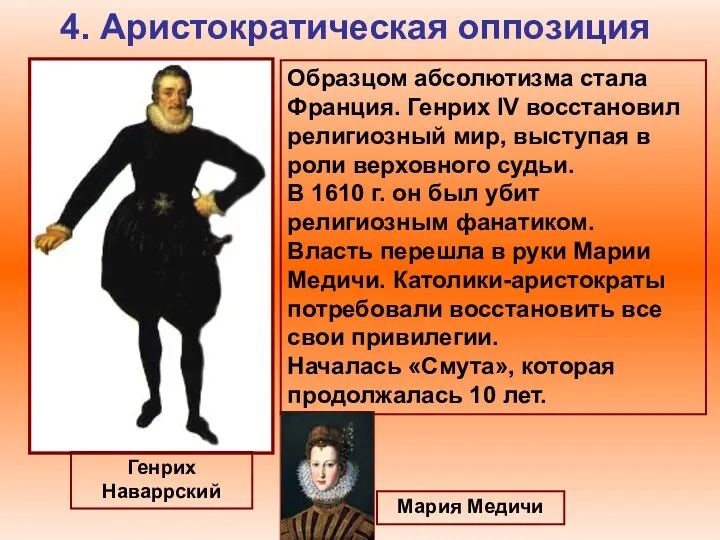 4. Аристократическая оппозиция Генрих Наваррский Образцом абсолютизма стала Франция. Генрих