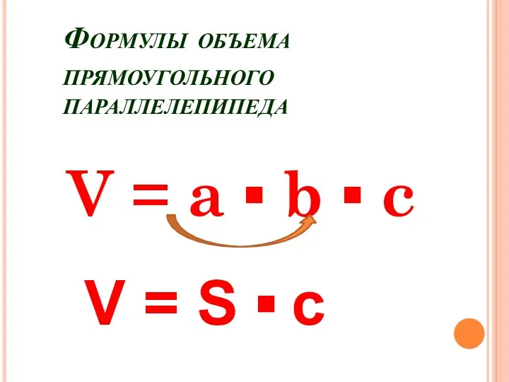 Формулы объема прямоугольного параллелепипеда V = a ▪ b ▪ c V = S ▪ c