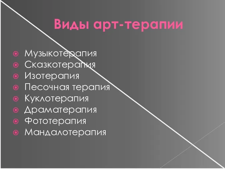 Виды арт-терапии Музыкотерапия Сказкотерапия Изотерапия Песочная терапия Куклотерапия Драматерапия Фототерапия Мандалотерапия