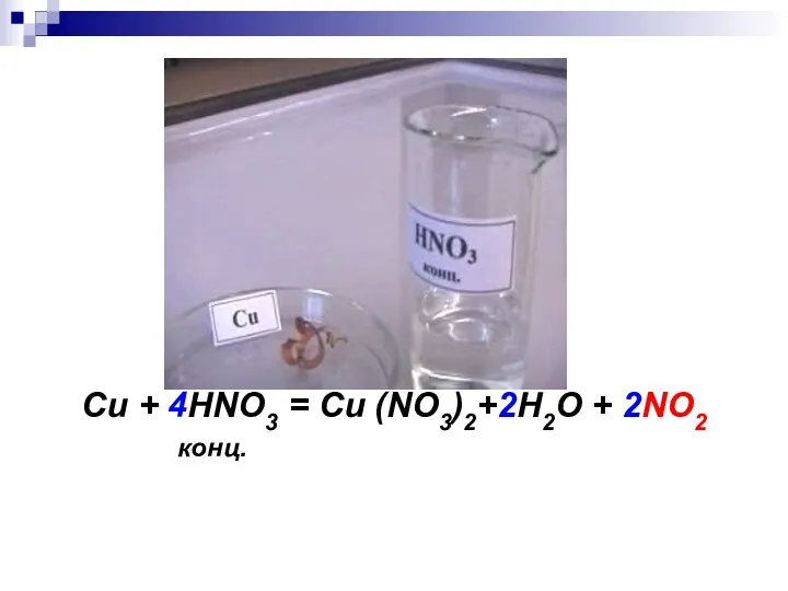 Cu + 4HNO3 = Cu (NO3)2+2H2O + 2NO2 конц.