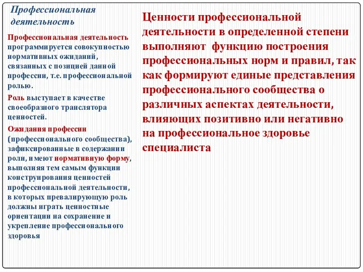 Профессиональная деятельность Ценности профессиональной деятельности в определенной степени выполняют функцию