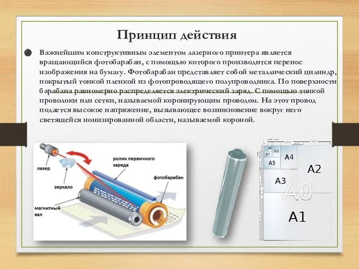 Принцип действия Важнейшим конструктивным элементом лазерного принтера является вращающийся фотобарабан,