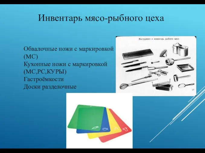 Инвентарь мясо-рыбного цеха Обвалочные ножи с маркировкой (МС) Кухонные ножи с маркировкой (МС,РС,КУРЫ) Гастроёмкости Доски разделочные