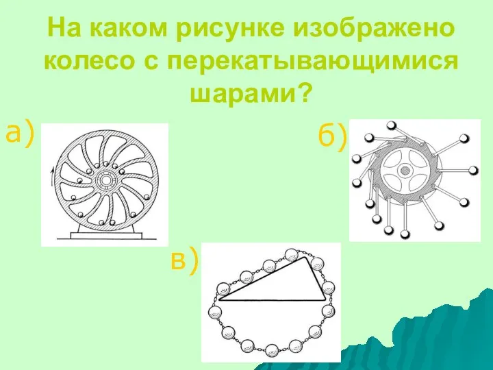 На каком рисунке изображено колесо с перекатывающимися шарами? а) б) в)