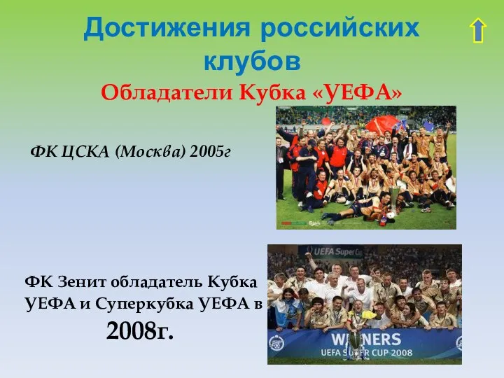 Достижения российских клубов Обладатели Кубка «УЕФА» ФК ЦСКА (Москва) 2005г