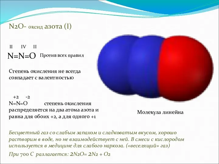N2O- оксид азота (I) II IV II N=N=O Против всех