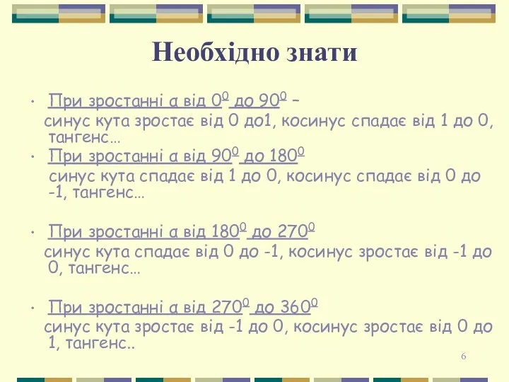 Необхідно знати При зростанні α від 00 до 900 –