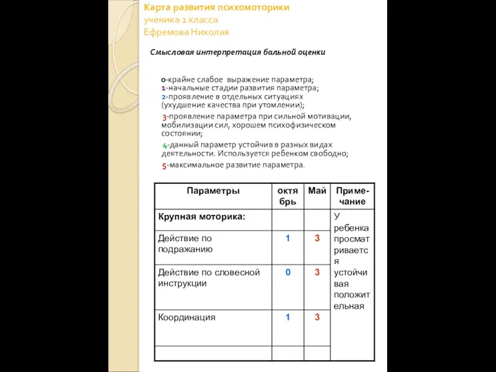 Карта развития психомоторики ученика 1 класса Ефремова Николая Смысловая интерпретация