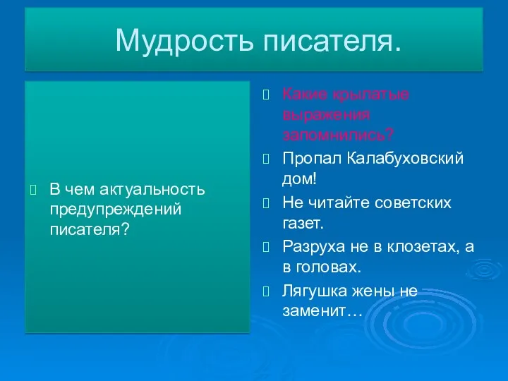 Мудрость писателя. В чем актуальность предупреждений писателя? Какие крылатые выражения