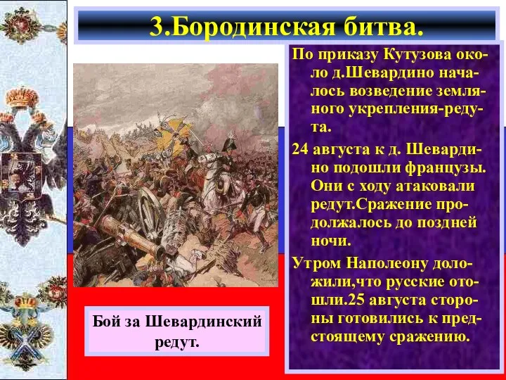 По приказу Кутузова око-ло д.Шевардино нача-лось возведение земля-ного укрепления-реду-та. 24