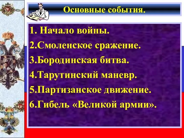 Основные события. 1. Начало войны. 2.Смоленское сражение. 3.Бородинская битва. 4.Тарутинский маневр. 5.Партизанское движение. 6.Гибель «Великой армии».