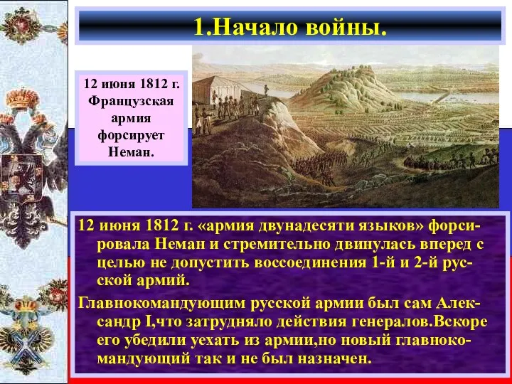 12 июня 1812 г. «армия двунадесяти языков» форси-ровала Неман и