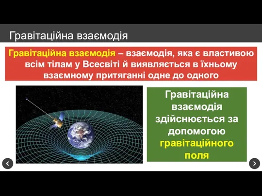 Гравітаційна взаємодія Гравітаційна взаємодія – взаємодія, яка є властивою всім