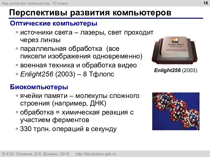 Перспективы развития компьютеров Оптические компьютеры источники света – лазеры, свет