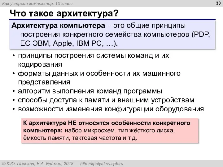 Что такое архитектура? Архитектура компьютера – это общие принципы построения