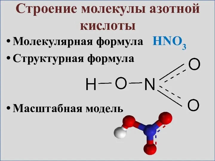 Строение молекулы азотной кислоты Молекулярная формула HNO3 Структурная формула Масштабная модель