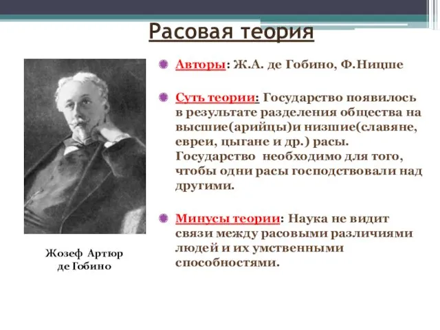 Расовая теория Авторы: Ж.А. де Гобино, Ф.Ницше Суть теории: Государство