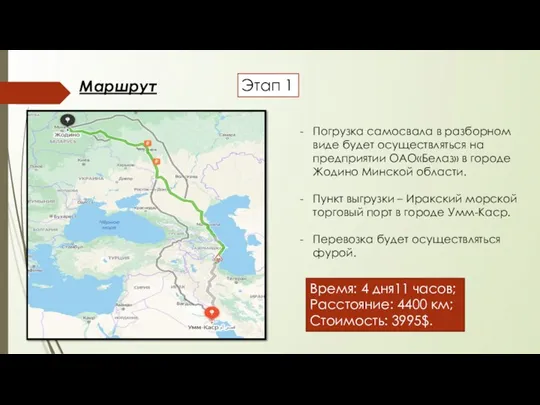 Маршрут Этап 1 Погрузка самосвала в разборном виде будет осуществляться