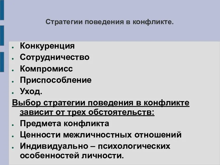 Стратегии поведения в конфликте. Конкуренция Сотрудничество Компромисс Приспособление Уход. Выбор