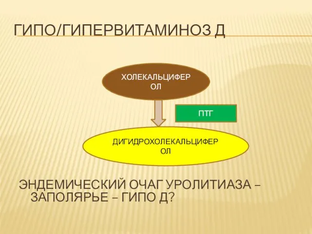 ГИПО/ГИПЕРВИТАМИНОЗ Д ЭНДЕМИЧЕСКИЙ ОЧАГ УРОЛИТИАЗА – ЗАПОЛЯРЬЕ – ГИПО Д? ХОЛЕКАЛЬЦИФЕРОЛ ДИГИДРОХОЛЕКАЛЬЦИФЕРОЛ ПТГ